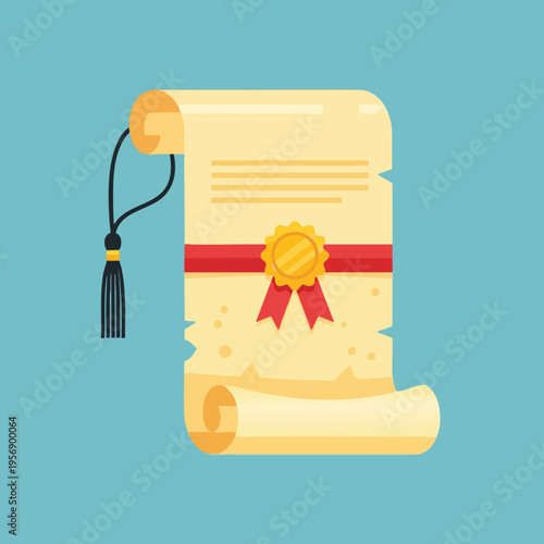 Rolled parchment certificate with red ribbon, gold seal, and tassel