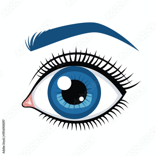 A stylized close-up of a blue eye with a dark pupil, black lashes, and a blue eyebrow