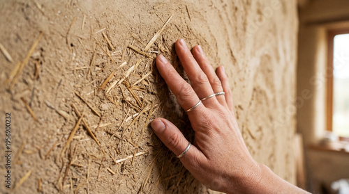 Hand touching cool smooth plastered earth wall