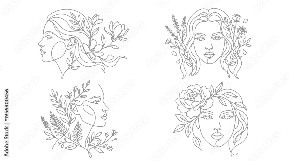 Fototapeta premium Elegant minimalist line art illustrations of women's faces with botanical elements, showcasing beauty and nature in a serene style.