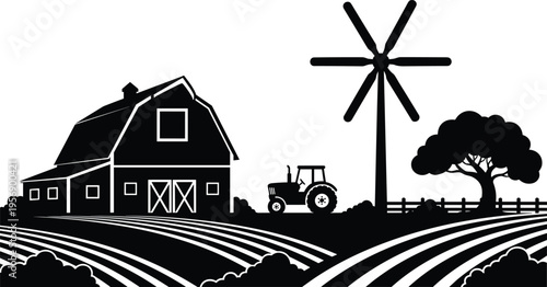 Farm landscape silhouette with barn tractor windmill and fields representing rural agriculture countryside farming and harvest concept for nature and organic design illustration