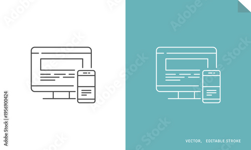 Webサイト制作のレスポンシブ表示を表すベクターアイコン (線画･モノクロ) Editable stroke
