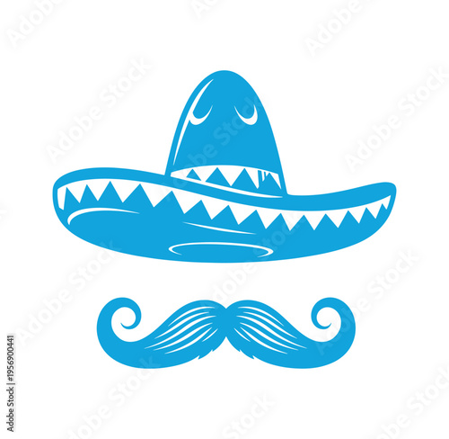 blue sombrero hat and mustache on white background