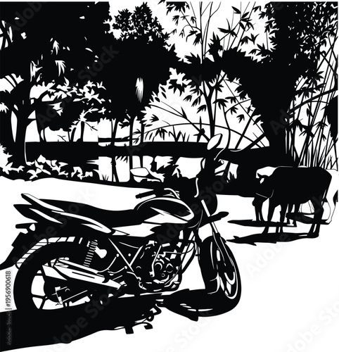 Motorcycle parked in rural village landscape, cow silhouette scene, nature background illustration, black and white vector, countryside lifestyle concept artwork
