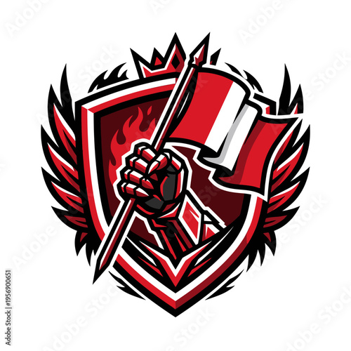 A hand holding a flag on shield.