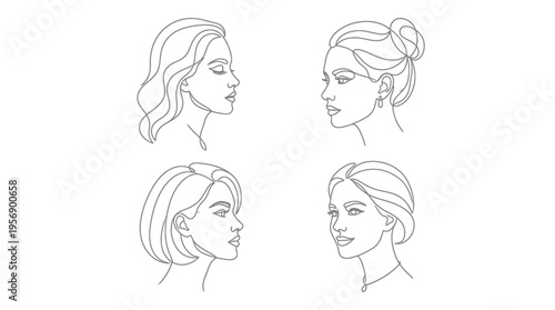 Four minimalist line art portraits of women's faces in profile, showcasing different hairstyles and elegant simplicity.