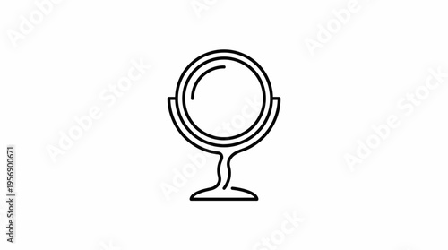 Simple line art icon of a standing vanity mirror with a circular reflective surface and a curved base.