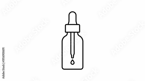 Simple line art illustration of a dropper bottle with a single liquid drop falling, representing serum or essential oil.