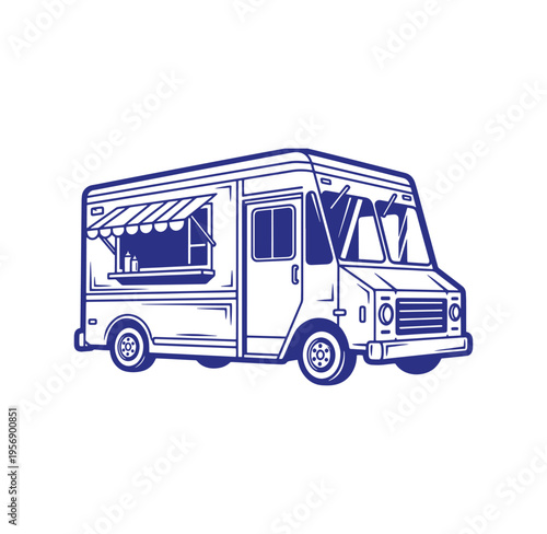 Food truck illustration in blue color on white background for menu or advertisement