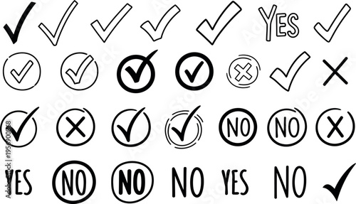 A collection of various checkmark and checkbox symbols with yes and no indicators