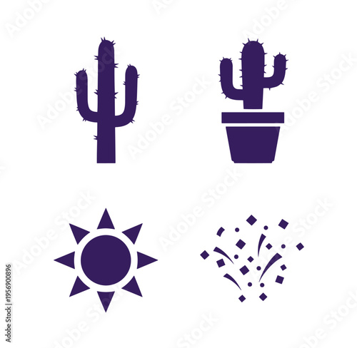 Desert plants and sunny weather icons including cactus and sun symbols