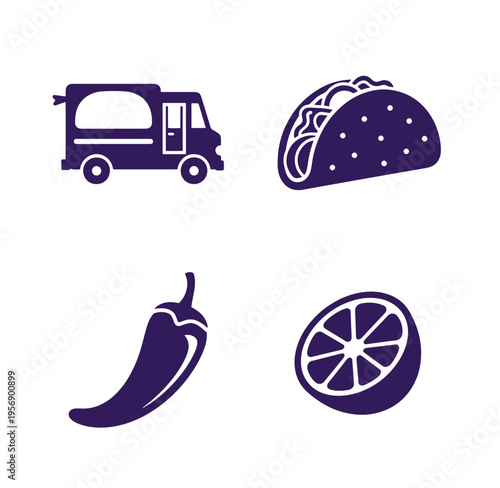 Food truck taco chili pepper and lime icons on white background