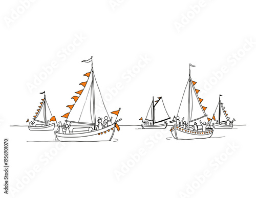 Minimalist Canal Boats Line Art for Koningsdag Netherlands Black and White Vector Illustration