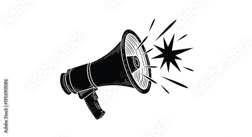 An illustration of a vintage megaphone emitting sound waves and starburst