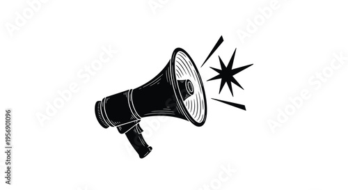 A black and white illustration of a megaphone with sound waves emanating from it
