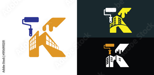  Paint Logo Design Letter K with Roller and Building. K Logo Design