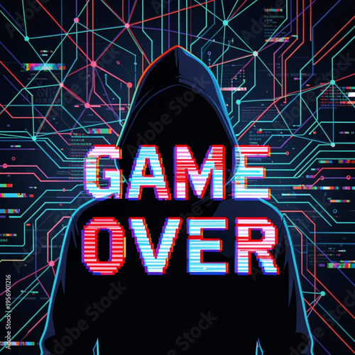 A hooded figure with game over text on a circuit board background