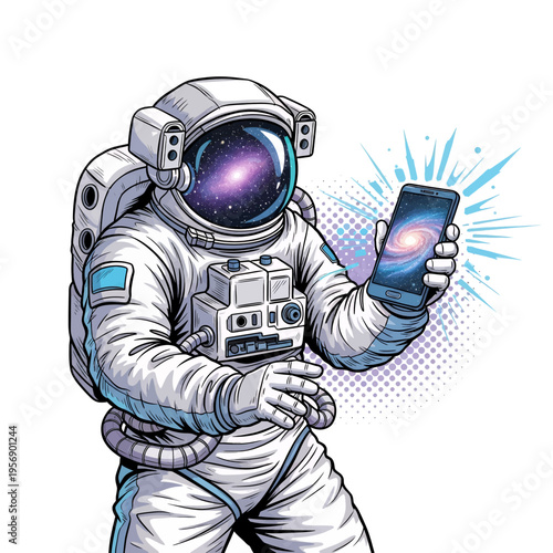 Astronaut Taking Photo of Galaxy with Smartphone - Space Exploration Illustration and Digital Art for Science Lovers