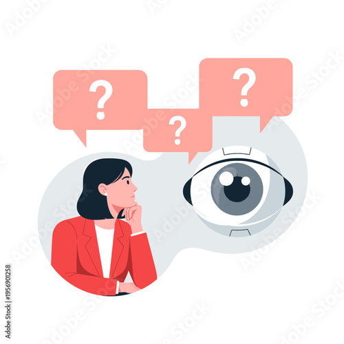 Woman Pondering Question Mark Symbols and Eye Illustration Conceptual Graphic Design for Business Analysis and Problem Solving