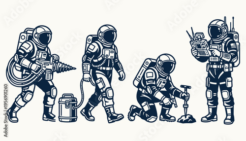 Astronauts mining on a foreign planet illustration