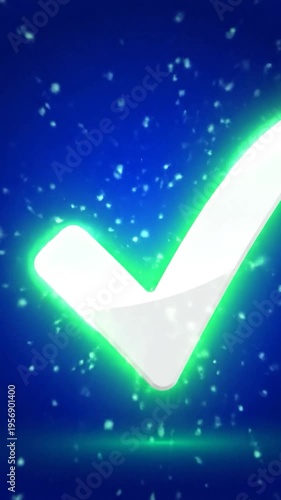 A white check mark symbol on a vibrant blue background with glowing effects