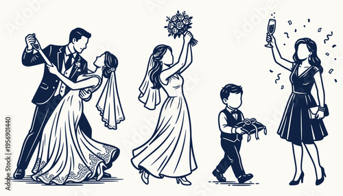 Wedding celebration elements and characters illustration set