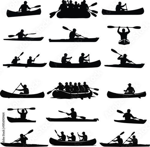 Kayaking and canoeing silhouettes set featuring paddlers in different poses and group scenes for water sports outdoor adventure and recreation design illustration