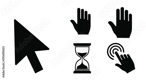Black silhouettes of a cursor hands hourglass and touch gesture