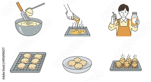 Illustration set of Japanese cooking process for fried chicken karaage or tempura steps