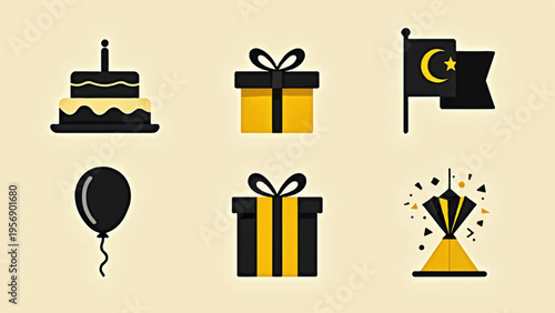 Set of 6 black and yellow icons vector