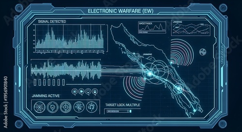 Futuristic electronic warfare display showing signal detection, target lock, and jamming activity over a geographical map.