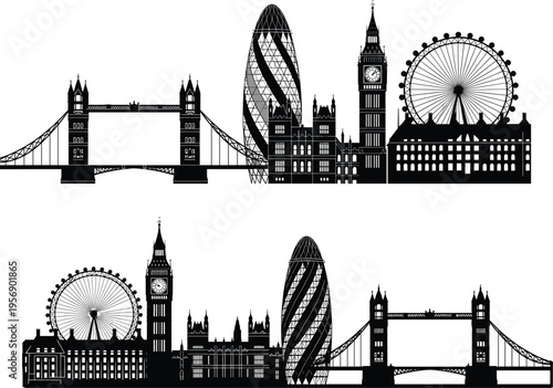 London city landmark silhouettes featuring Tower Bridge, Big Ben, London Eye, Gherkin, Palace of Westminster, iconic architecture illustration design concept