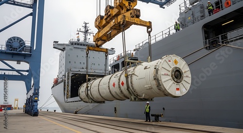 A large cylindrical object, possibly a missile or rocket stage, is being unloaded from a ship by a crane at a port.