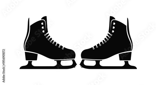 Black and white illustration of a pair of ice skates facing each other