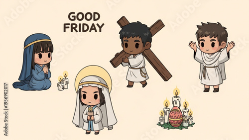 Cute Chibi Good Friday and Easter Illustration Set
