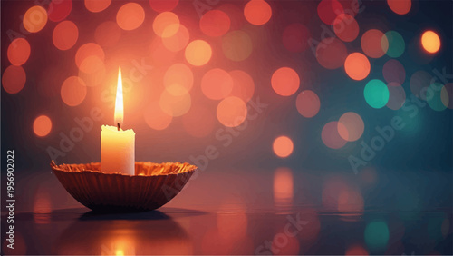 Lit candle in decorative bowl with bokeh background