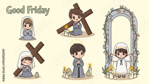 Good Friday Chibi Religious Character Illustrations