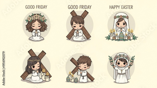 Set of Cute Christian Character Illustrations for Good Friday and Easter