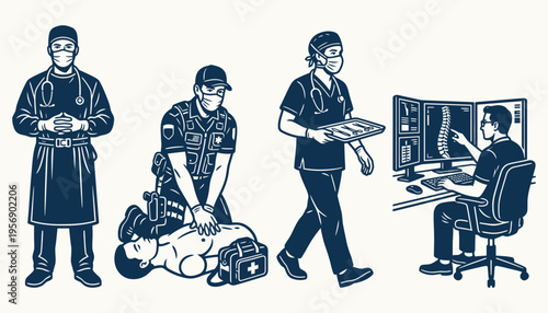 Medical team illustration with surgeon paramedic nurse and radiologist