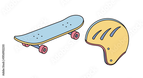 Skateboard and protective helmet set.