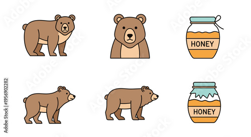 Brown bears and honey jars illustration.