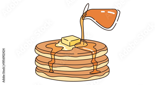 Syrup being poured on pancakes.
