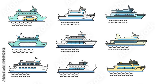 Collection of various cruise ships sailing.