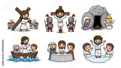 Set of Cute Cartoon Jesus Christ Bible Story Illustrations