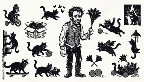 Tired man surrounded by many mischievous black cats illustration