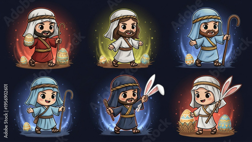 Cute Chibi Biblical Characters with Easter Eggs Set
