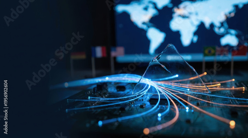 Geopolitics ai digital network light trail sovereignty governance concept on circuit board with world map background and country flag bokeh