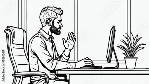 Vector illustration of man wearing headset at desk with computer