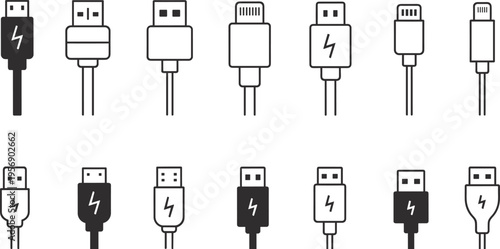 USB cable connector icons, charging port illustration, electronic device accessory art, modern technology design, data transfer symbol, gadget element drawing