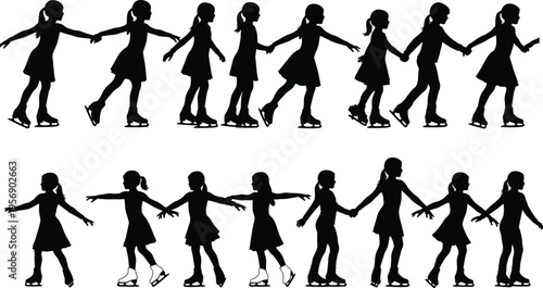 Silhouette girls ice skating in synchronized routine sequence, holding hands, winter sport choreography, teamwork performance, black and white illustration concept